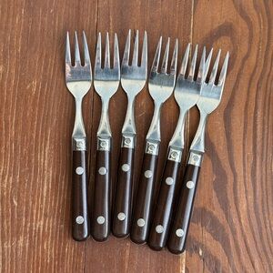 6 Small Vintage MCM Forks Stainless Steel Brown Hard Plastic Cutlery